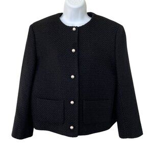 Theory Holiday Tweed Cropped Black Jacket Sz 8 Wool Blend, Pearl Buttons Preppy